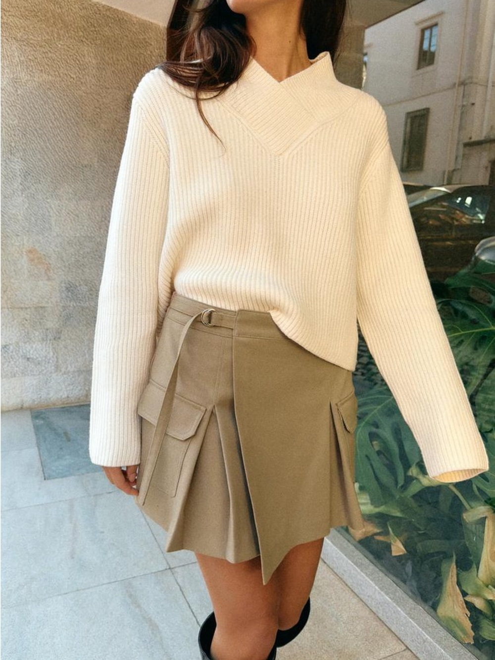 Zara High-Waist Pleated Utility Mini Skirt in Khaki